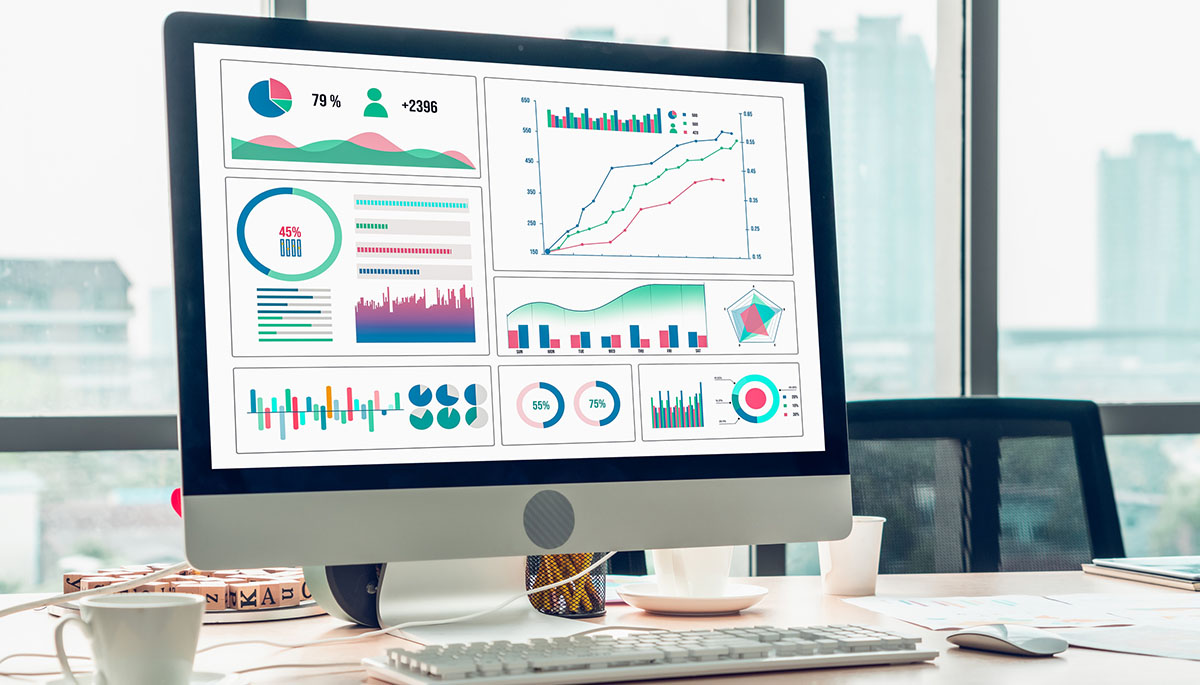 A desktop monitor displaying a colourful analytics dashboard of charts and graphs on a desk by an office window, with a keyboard and coffee cups