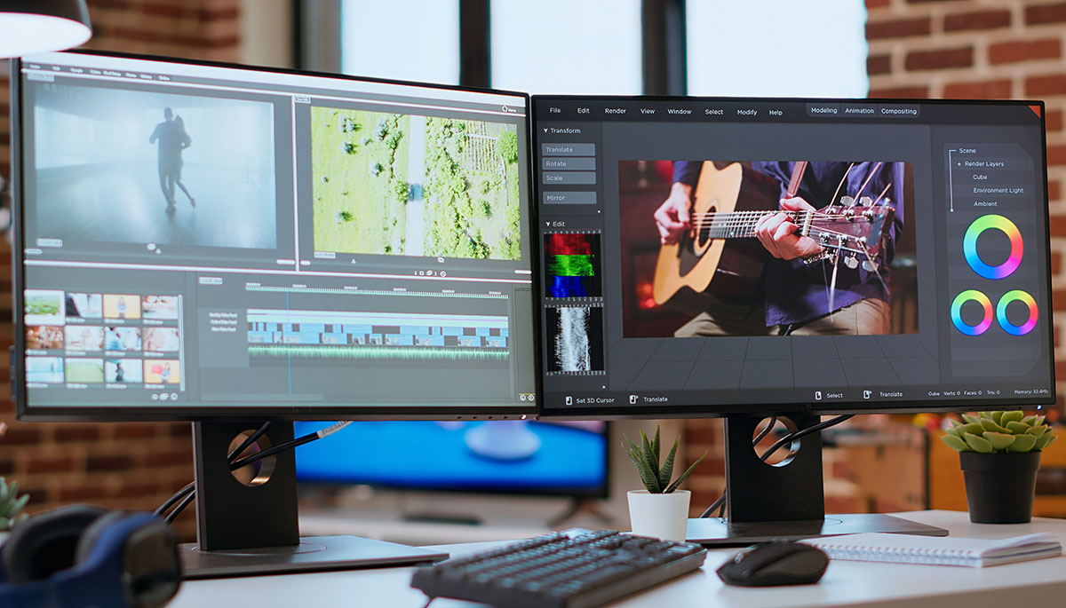 An empty dual-monitor video editing and color grading setup showing a timeline, waveform, and 3D render workspace